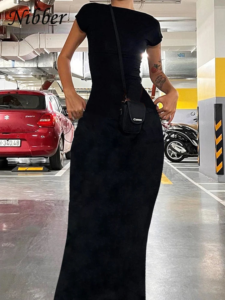 Nibber Solid Sexy Backless Maxi Dress Women Elegant Elastic Slim Short Sleeve Long dresses Female Bodycon Streetwear Clothing - Vogue Vista UK