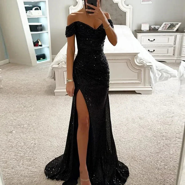 Chic and Elegant Women Evening Maxi Dresses 2024 Off-Shoulder Sequin Mermaid Prom Formal Gowns For Party Split Night Dress - Vogue Vista UK