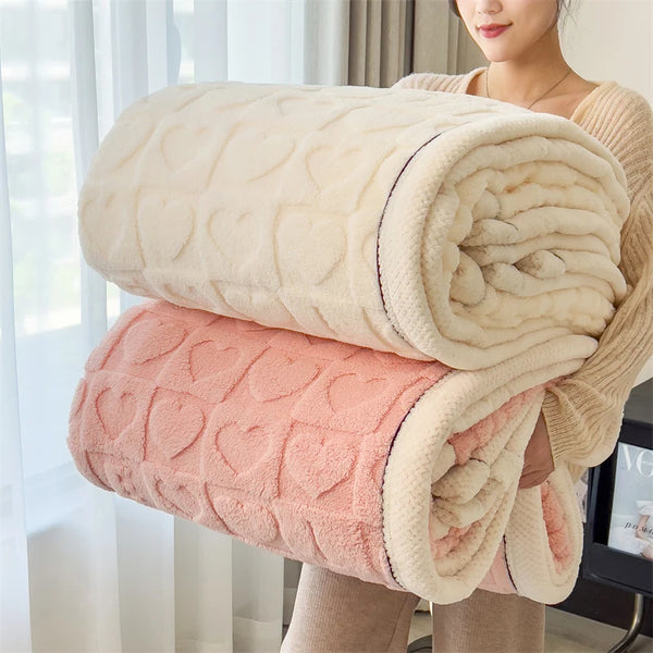 Heart Pattern Coral Fleece Blanket Autumn Winter Double Layer Thicken Warm Plush Blanket for Bed Fluffy Soft Sofa Throw Blankets