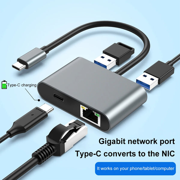 4 IN 1 USB C Docking Station Type C to 1000Mbps RJ45 Network Adapter 60W PD Charging Port USB C To Ethernet Adapter for Laptop