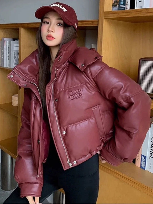 Miu 2025Miu Winter Ancora Red PU down Cotton Short Hooded Thickened Leather Puffer Jacket New Collection
