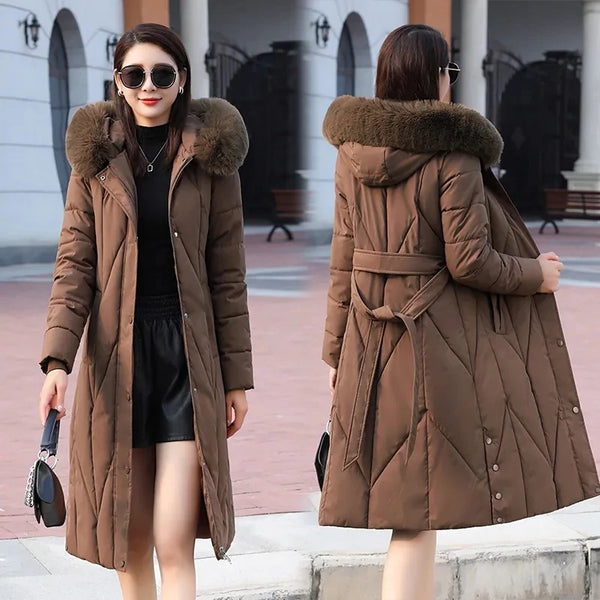 2024 Winter Down Cotton Coat Female Thicken Warm Puffer Parkas Womens Jacket Long Hooded Cotton-Padded Jacket With Belt Overcoat