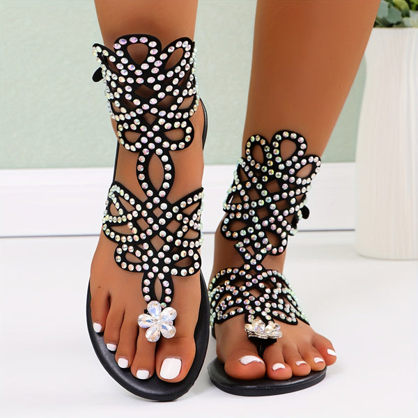 [Summer Sandals] 2025 Summer Plus Size Women's Flat Sandals | Cross-border European and American Solid Color Round Toe Clip Toe Rhinestone Hollow Out Fashion