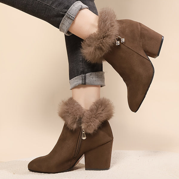 1pr Fashion Flannel Ankle Boots for Women - Solid Color Pointed Toe Block Heel Zippered Winter Booties with Faux Fur Trim and Rhinestone Accents, Comfortable All-Season Footwear