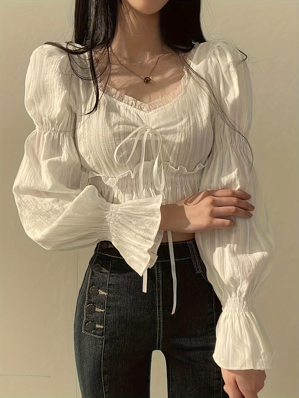 Solid Textured Ruffle Trim Blouse, Elegant Long Sleeve Blouse For Spring & Fall, Women's Clothing