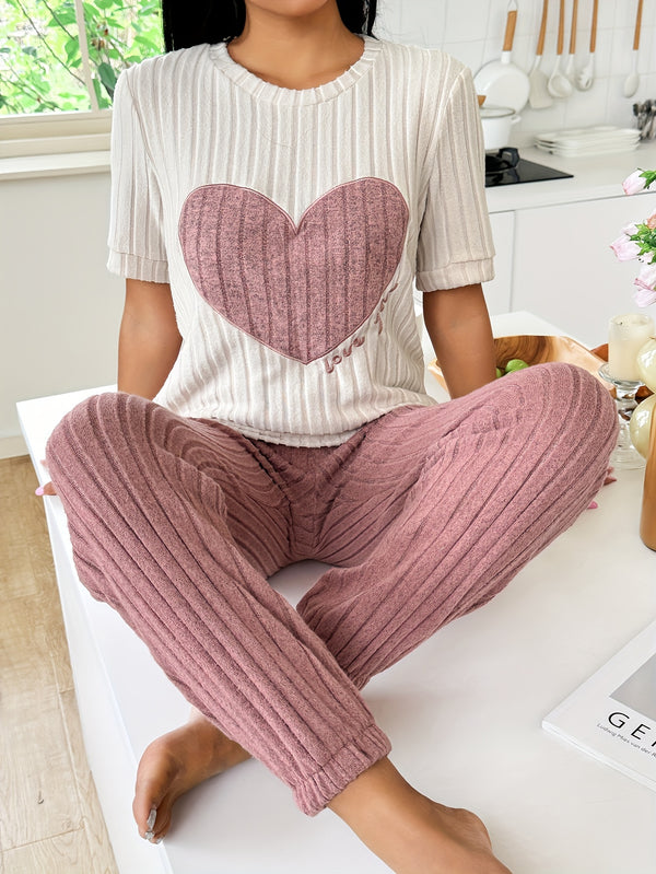 Womens Pajama Set - Adorable Heart & Letter Print, Soft Ribbed Fabric, Casual Short Sleeve Round Neck Top & Cozy Joggers, Ultra-Comfortable Relaxed Fit, Perfect for Summer Nights and Warm Weather Sleep