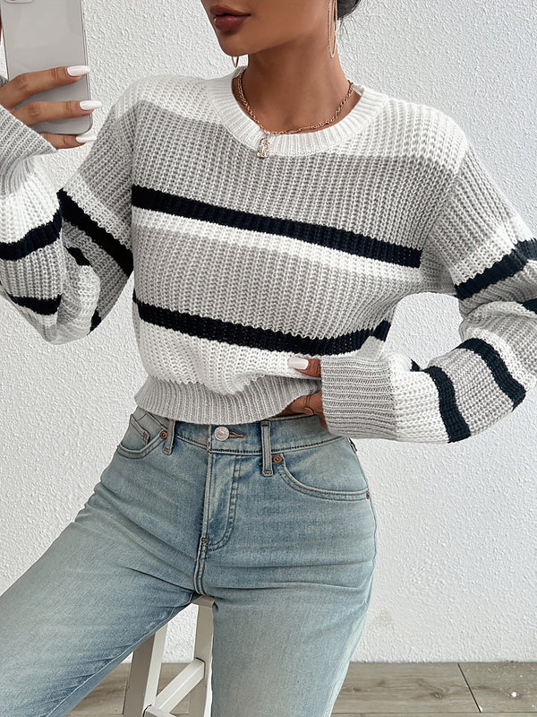 Crop Colorblock Knitted Drop Shoulder Sweater, Casual Crew Neck Long Sleeve Sweater, Women's Clothing