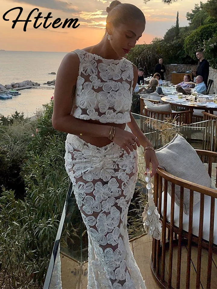 Sexy 3D Flower Crop Top Skirt Sets Women See Through Sleeveless Vest Slim Hip Package Skirts Suit 2025 Summer Lady Robe - Vogue Vista UK