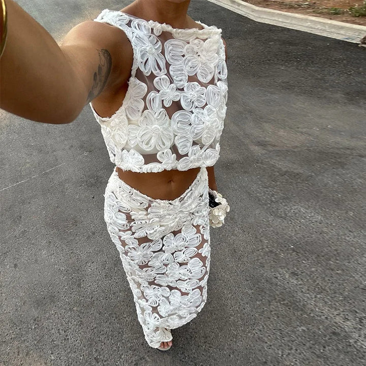 Sexy 3D Flower Crop Top Skirt Sets Women See Through Sleeveless Vest Slim Hip Package Skirts Suit 2025 Summer Lady Robe - Vogue Vista UK