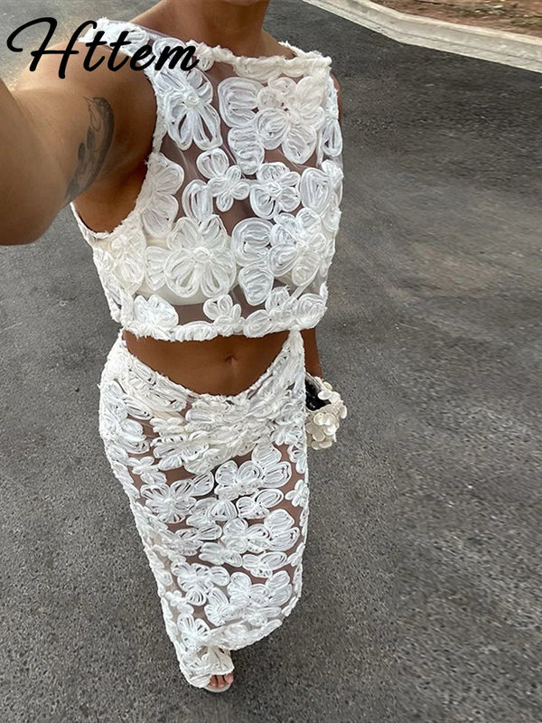 Sexy 3D Flower Crop Top Skirt Sets Women See Through Sleeveless Vest Slim Hip Package Skirts Suit 2025 Summer Lady Robe - Vogue Vista UK