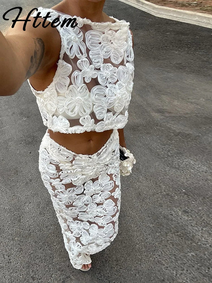Sexy 3D Flower Crop Top Skirt Sets Women See Through Sleeveless Vest Slim Hip Package Skirts Suit 2025 Summer Lady Robe - Vogue Vista UK