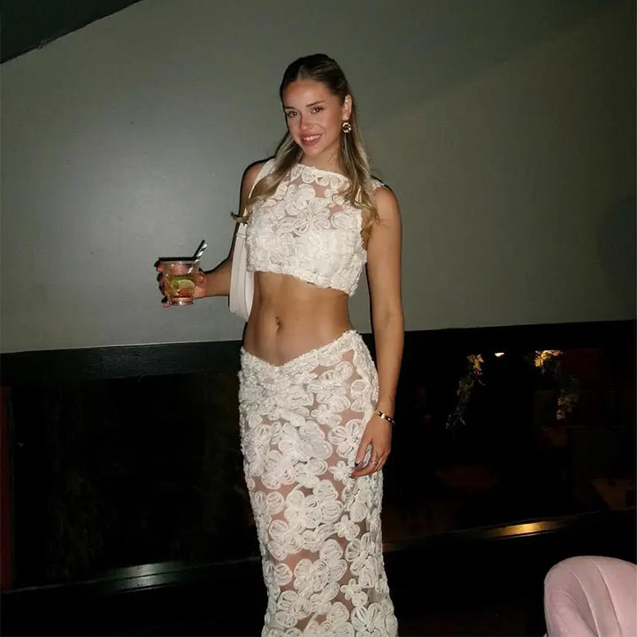 Sexy 3D Flower Crop Top Skirt Sets Women See Through Sleeveless Vest Slim Hip Package Skirts Suit 2025 Summer Lady Robe - Vogue Vista UK