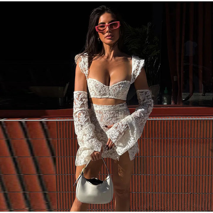 Sexy 3D Flower Crop Top Skirt Sets Women See Through Sleeveless Vest Slim Hip Package Skirts Suit 2025 Summer Lady Robe - Vogue Vista UK