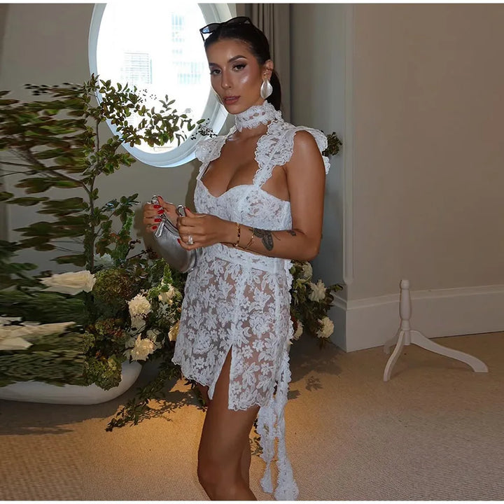 Sexy 3D Flower Crop Top Skirt Sets Women See Through Sleeveless Vest Slim Hip Package Skirts Suit 2025 Summer Lady Robe - Vogue Vista UK