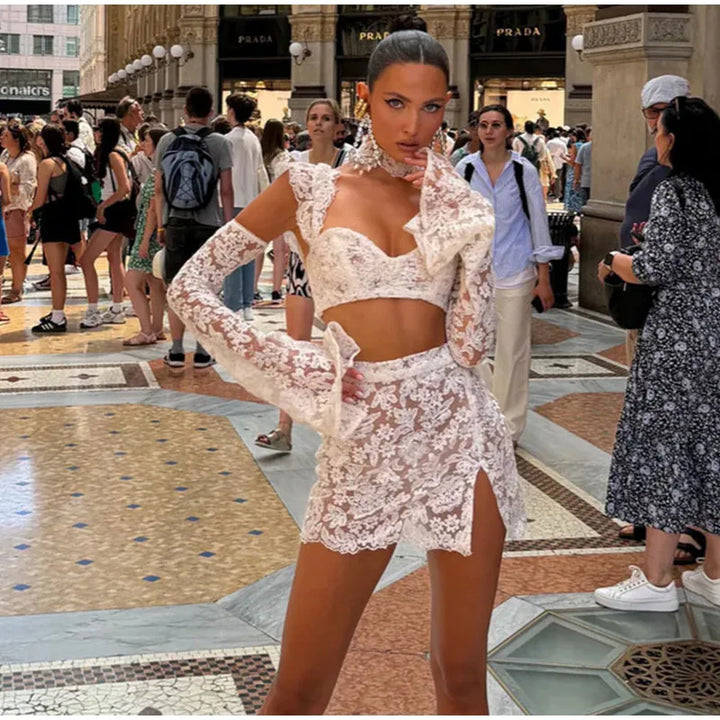Sexy 3D Flower Crop Top Skirt Sets Women See Through Sleeveless Vest Slim Hip Package Skirts Suit 2025 Summer Lady Robe - Vogue Vista UK