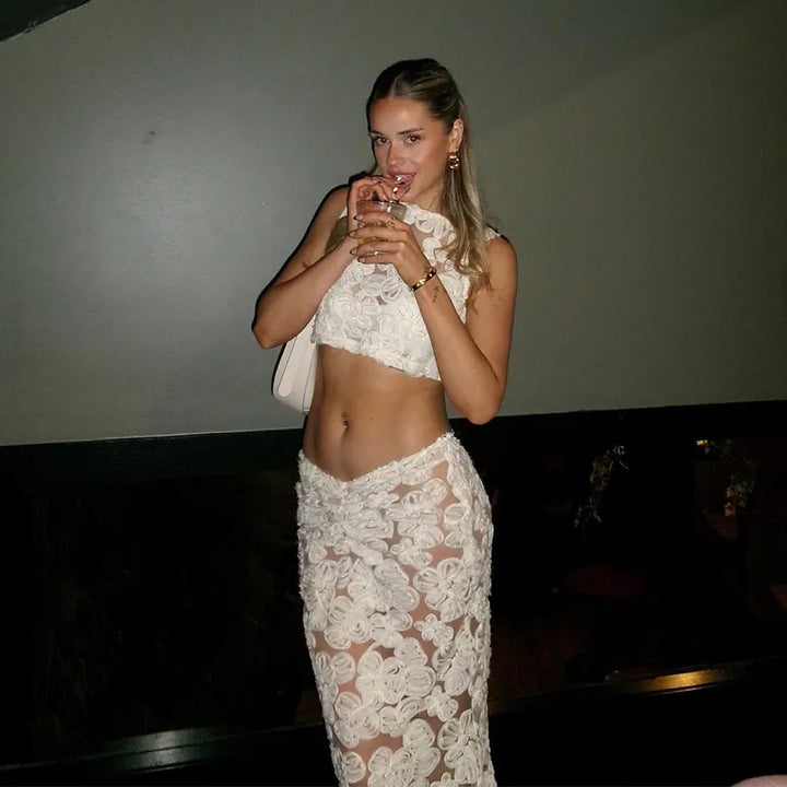 Sexy 3D Flower Crop Top Skirt Sets Women See Through Sleeveless Vest Slim Hip Package Skirts Suit 2025 Summer Lady Robe - Vogue Vista UK