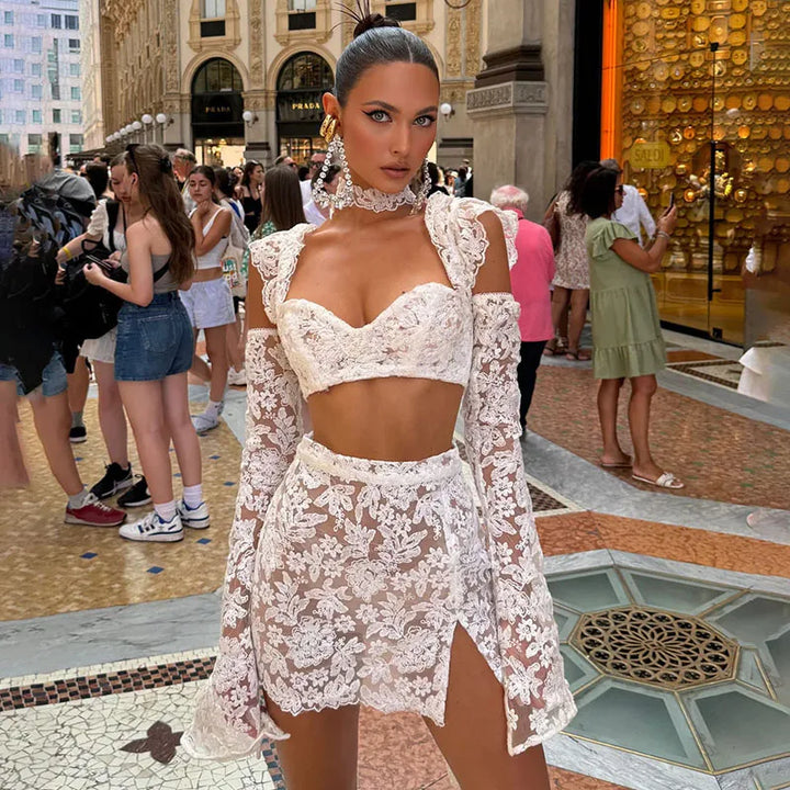 Sexy 3D Flower Crop Top Skirt Sets Women See Through Sleeveless Vest Slim Hip Package Skirts Suit 2025 Summer Lady Robe - Vogue Vista UK