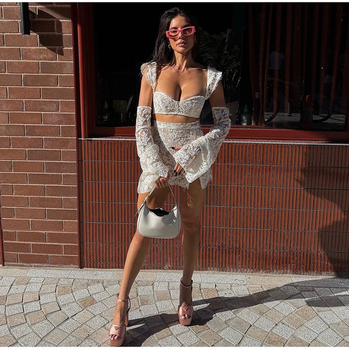 Sexy 3D Flower Crop Top Skirt Sets Women See Through Sleeveless Vest Slim Hip Package Skirts Suit 2025 Summer Lady Robe - Vogue Vista UK