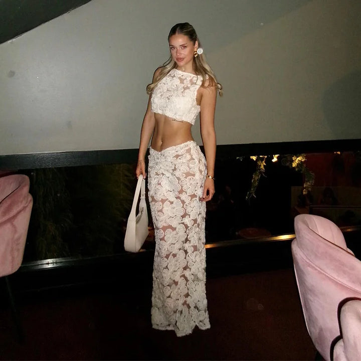 Sexy 3D Flower Crop Top Skirt Sets Women See Through Sleeveless Vest Slim Hip Package Skirts Suit 2025 Summer Lady Robe - Vogue Vista UK