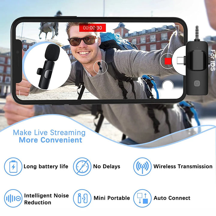 2.4G Wireless Lavalier Microphone Portable Lavalier Mic Noise Reduction 3 in 1 Plug and Play for iPhone Xiaomi For Samsung - Vogue Vista UK
