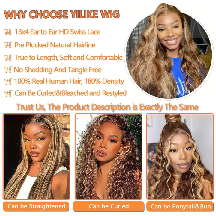 13x6 Human Hair Wig P4/27 Highlight Ombre Brown Body Wave Honey Blonde Colored 13x4 HD Lace PrePlucked 40 50 Inch Wigs For Women - Vogue Vista UK