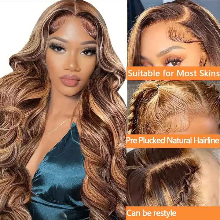 13x6 Human Hair Wig P4/27 Highlight Ombre Brown Body Wave Honey Blonde Colored 13x4 HD Lace PrePlucked 40 50 Inch Wigs For Women - Vogue Vista UK