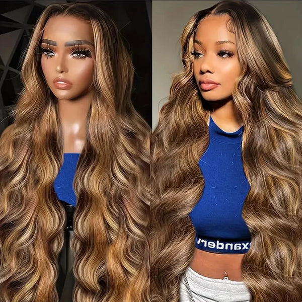 13x6 Human Hair Wig P4/27 Highlight Ombre Brown Body Wave Honey Blonde Colored 13x4 HD Lace PrePlucked 40 50 Inch Wigs For Women - Vogue Vista UK