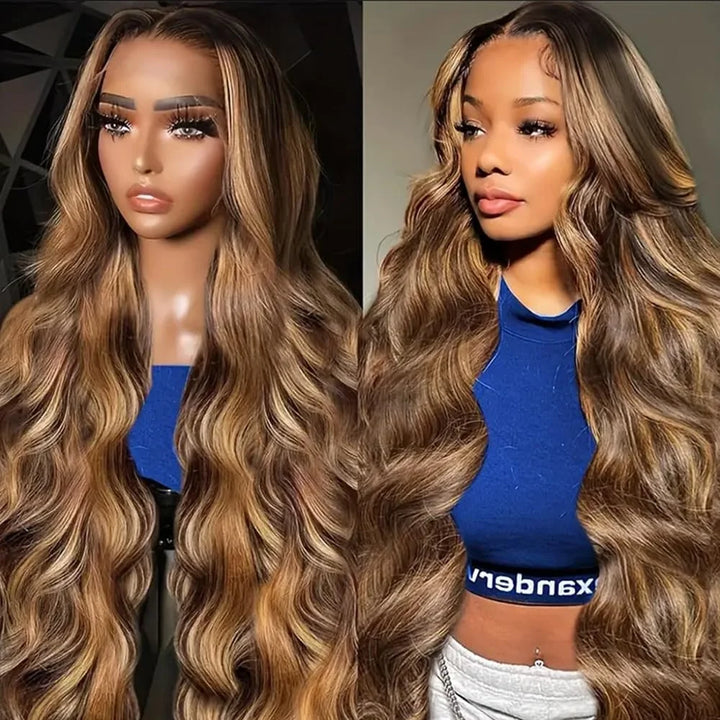 13x6 Human Hair Wig P4/27 Highlight Ombre Brown Body Wave Honey Blonde Colored 13x4 HD Lace PrePlucked 40 50 Inch Wigs For Women - Vogue Vista UK
