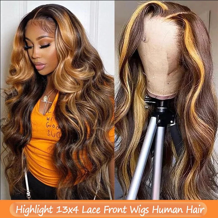 13x6 Human Hair Wig P4/27 Highlight Ombre Brown Body Wave Honey Blonde Colored 13x4 HD Lace PrePlucked 40 50 Inch Wigs For Women - Vogue Vista UK
