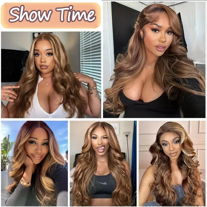 13x6 Human Hair Wig P4/27 Highlight Ombre Brown Body Wave Honey Blonde Colored 13x4 HD Lace PrePlucked 40 50 Inch Wigs For Women - Vogue Vista UK
