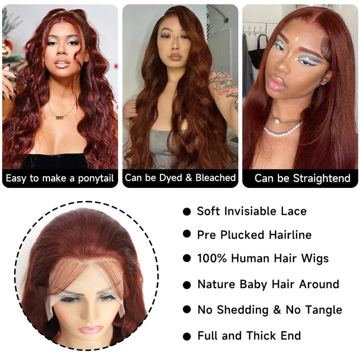 Brazilian Reddish Brown 30 32 Inch 13x4 13x6 HD Lace Front Wigs Human Hair Body Wave 250% Colored Lace Frontal Wig For Women - Vogue Vista UK