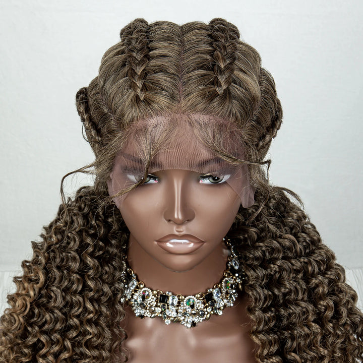22 Inches Braided Wigs Synthetic Full Lace Wig Box Braid Front Wigs with Baby Hair for Black Women Two Curly Ponytail Braid Wigs - Vogue Vista UK