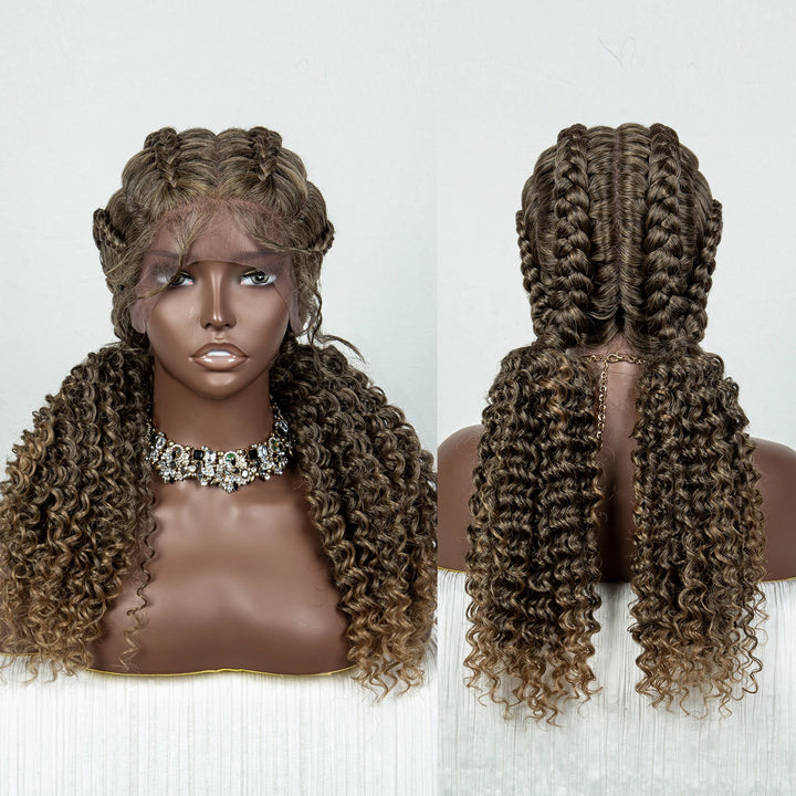 22 Inches Braided Wigs Synthetic Full Lace Wig Box Braid Front Wigs with Baby Hair for Black Women Two Curly Ponytail Braid Wigs - Vogue Vista UK