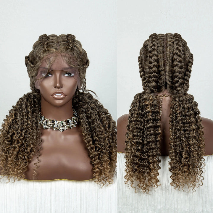 22 Inches Braided Wigs Synthetic Full Lace Wig Box Braid Front Wigs with Baby Hair for Black Women Two Curly Ponytail Braid Wigs - Vogue Vista UK