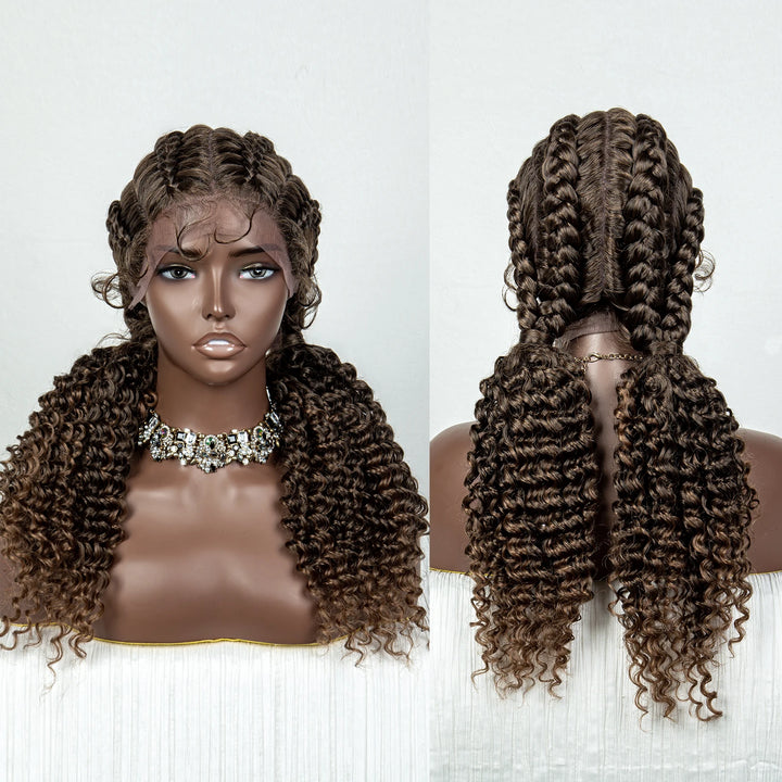 22 Inches Braided Wigs Synthetic Full Lace Wig Box Braid Front Wigs with Baby Hair for Black Women Two Curly Ponytail Braid Wigs - Vogue Vista UK
