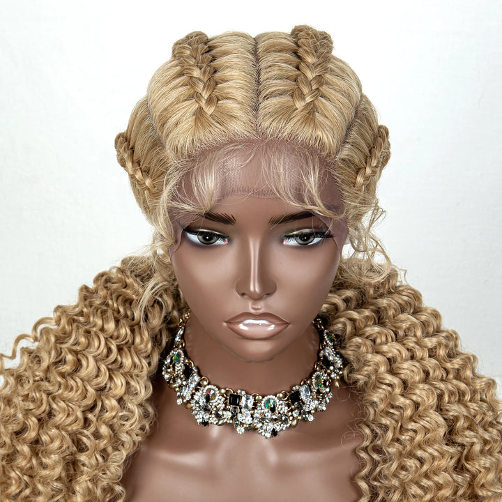 22 Inches Braided Wigs Synthetic Full Lace Wig Box Braid Front Wigs with Baby Hair for Black Women Two Curly Ponytail Braid Wigs - Vogue Vista UK