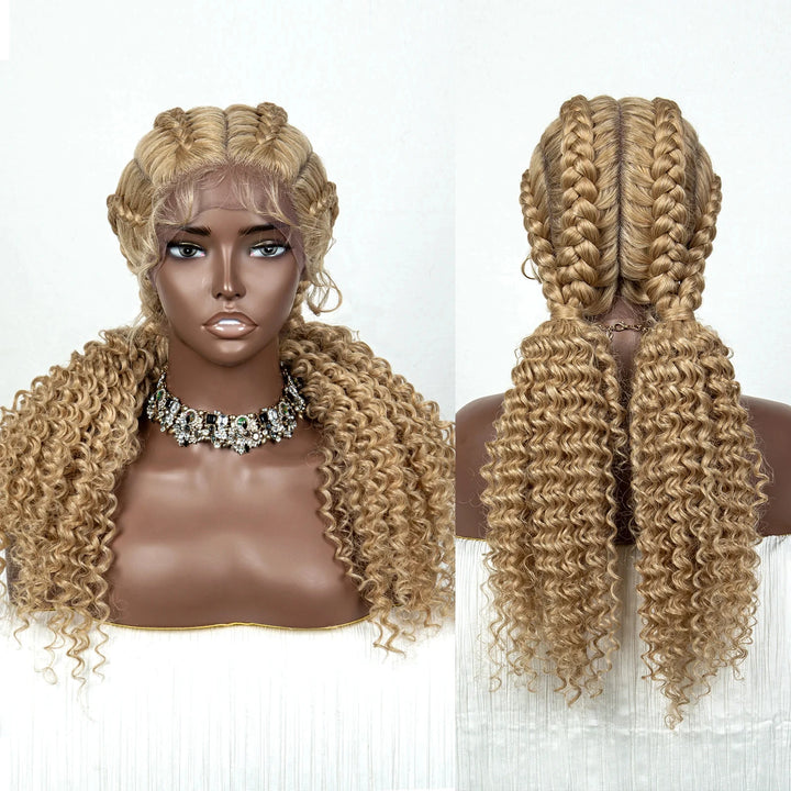 22 Inches Braided Wigs Synthetic Full Lace Wig Box Braid Front Wigs with Baby Hair for Black Women Two Curly Ponytail Braid Wigs - Vogue Vista UK