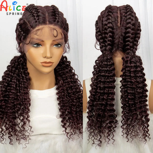 22 Inches Braided Wigs Synthetic Full Lace Wig Box Braid Front Wigs with Baby Hair for Black Women Two Curly Ponytail Braid Wigs - Vogue Vista UK