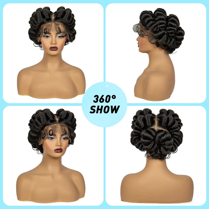 Natural Color 6Inch Transparent Full Lace Braided Wigs Short Cute Handmade Bantu Synthetic Braided Lace Wigs Knotless Braids Wig - Vogue Vista UK