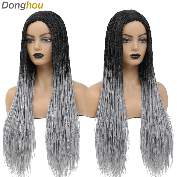 Donghou Ombre Long Box Braided Wigs 26 Inch Micro Braids Wig Heat Resistant Fiber Synthetic Box Braids Knotless Wig for Women - Vogue Vista UK