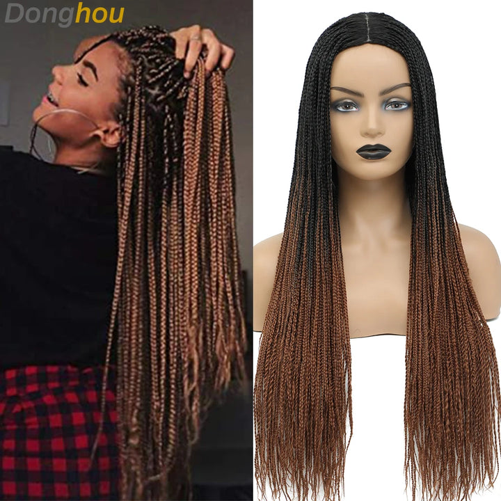 Donghou Ombre Long Box Braided Wigs 26 Inch Micro Braids Wig Heat Resistant Fiber Synthetic Box Braids Knotless Wig for Women - Vogue Vista UK