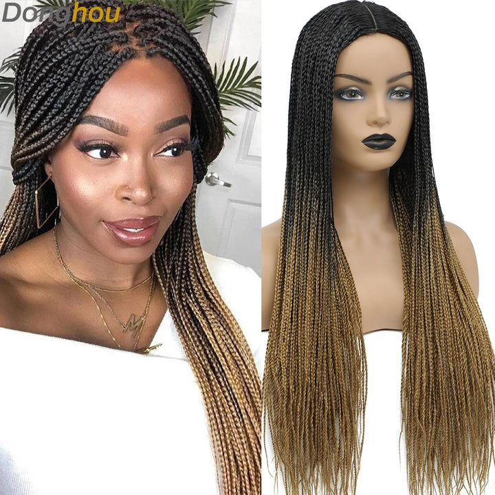 Donghou Ombre Long Box Braided Wigs 26 Inch Micro Braids Wig Heat Resistant Fiber Synthetic Box Braids Knotless Wig for Women - Vogue Vista UK