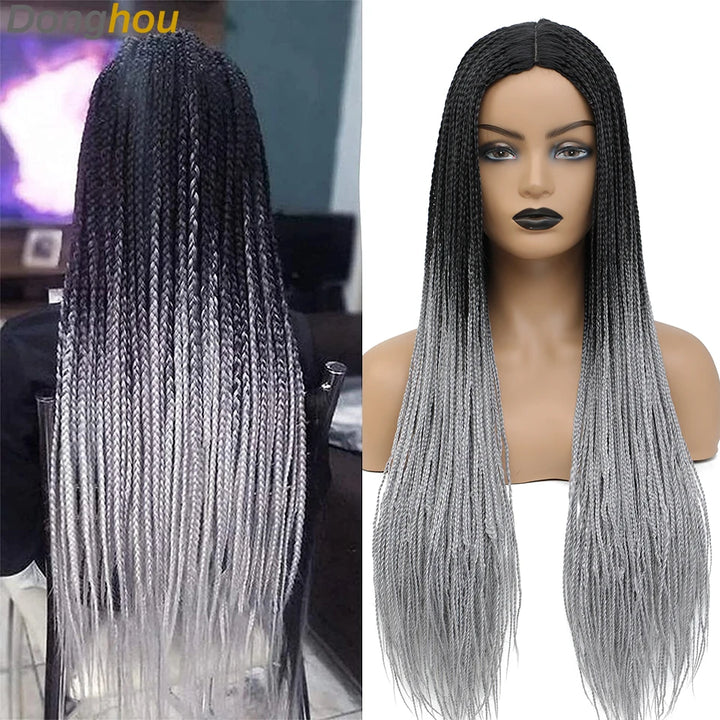 Donghou Ombre Long Box Braided Wigs 26 Inch Micro Braids Wig Heat Resistant Fiber Synthetic Box Braids Knotless Wig for Women - Vogue Vista UK