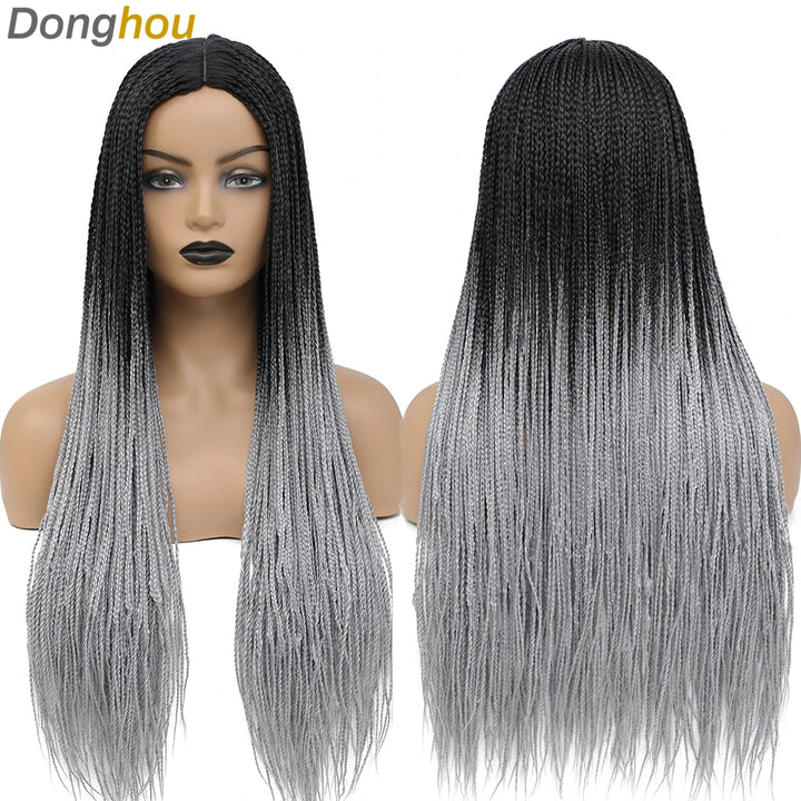 Donghou Ombre Long Box Braided Wigs 26 Inch Micro Braids Wig Heat Resistant Fiber Synthetic Box Braids Knotless Wig for Women - Vogue Vista UK