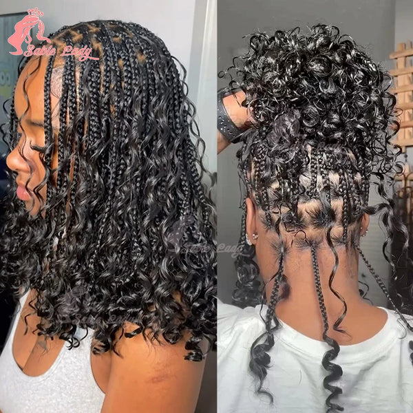 Boho Bob Braided Wigs for Black Women Synthetic Knotless Box Braids Wig Goddess Curly Full Lace Front Wigs Cornrows Braiding Wig - Vogue Vista UK