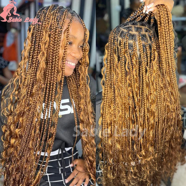 Boho Braided Wigs Synthetic Full Lace Front Wigs Blonde Curly Ends Hair Goddess Locs Cornrows Braid Wigs Knotless Box Braids Wig - Vogue Vista UK