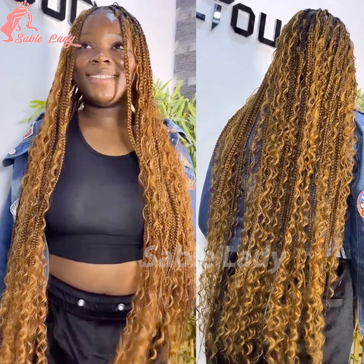 Boho Braided Wigs Synthetic Full Lace Front Wigs Blonde Curly Ends Hair Goddess Locs Cornrows Braid Wigs Knotless Box Braids Wig - Vogue Vista UK
