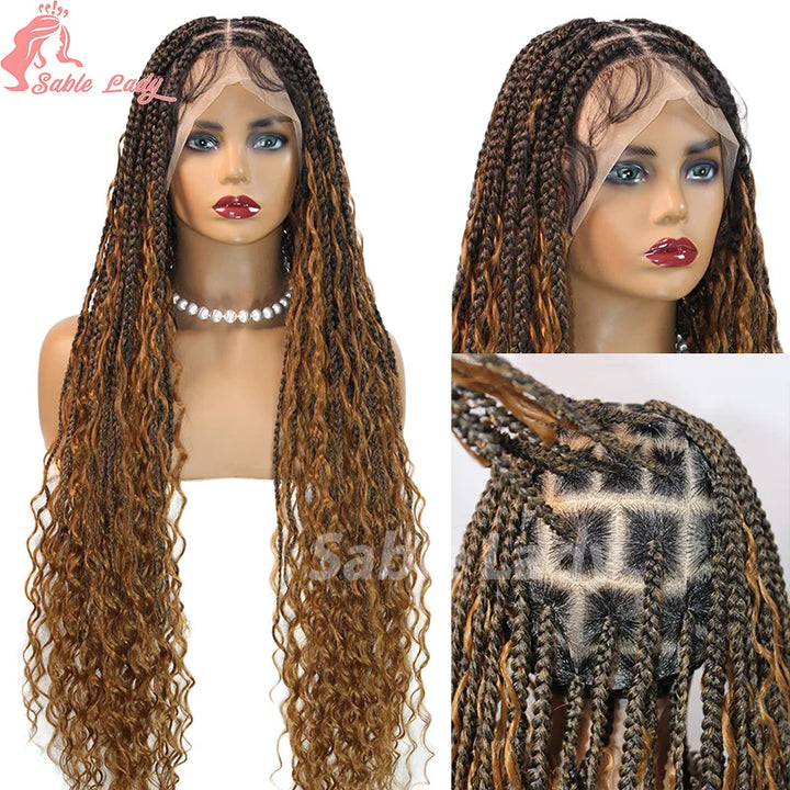 Boho Braided Wigs Synthetic Full Lace Front Wigs Blonde Curly Ends Hair Goddess Locs Cornrows Braid Wigs Knotless Box Braids Wig - Vogue Vista UK