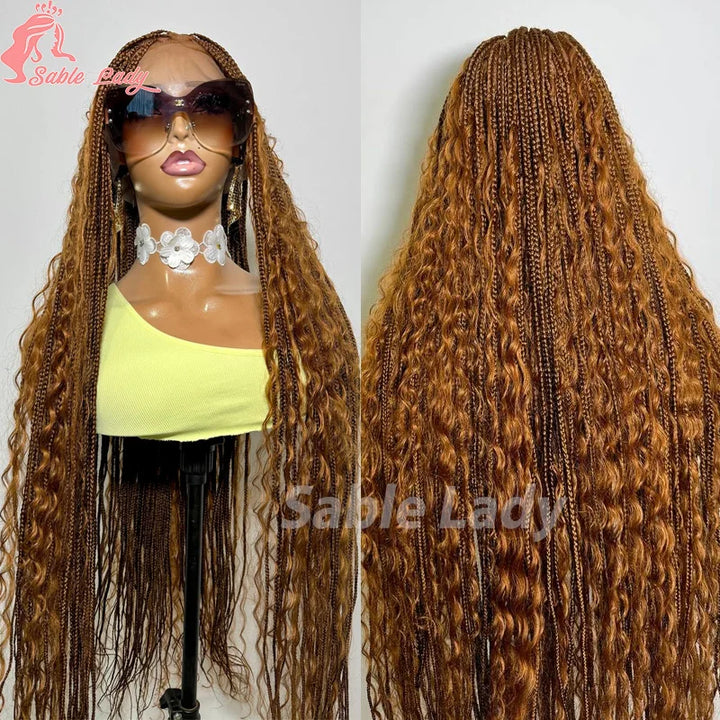 Boho Braided Wigs Synthetic Full Lace Front Wigs Blonde Curly Ends Hair Goddess Locs Cornrows Braid Wigs Knotless Box Braids Wig - Vogue Vista UK