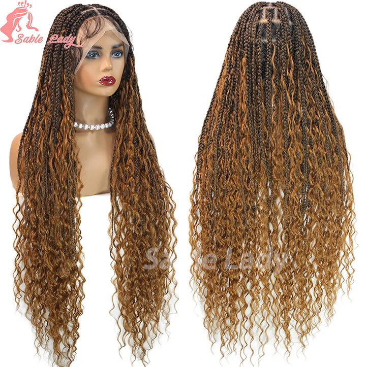 Boho Braided Wigs Synthetic Full Lace Front Wigs Blonde Curly Ends Hair Goddess Locs Cornrows Braid Wigs Knotless Box Braids Wig - Vogue Vista UK